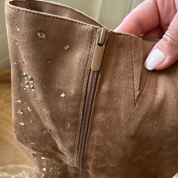 Tan  Suede Embellished Knee-High Boots - Picture 8 of 16